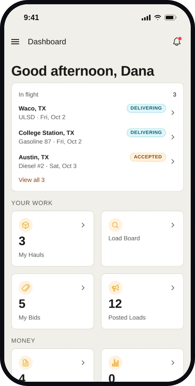 Energy Connect app dashboard: in-flight hauls with their status, then My Hauls, Load Board, My Bids, Posted Loads, Invoices and Financials tiles