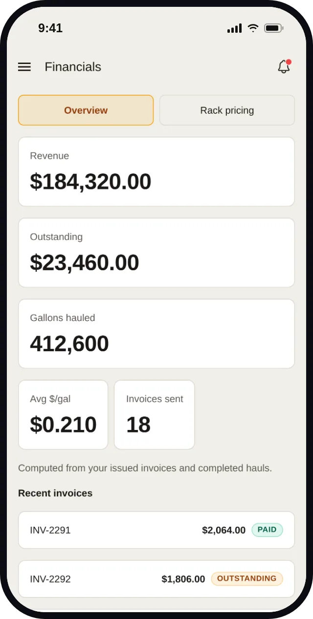 Energy Connect app Financials: outstanding and settled invoices reconciled against delivered quantity