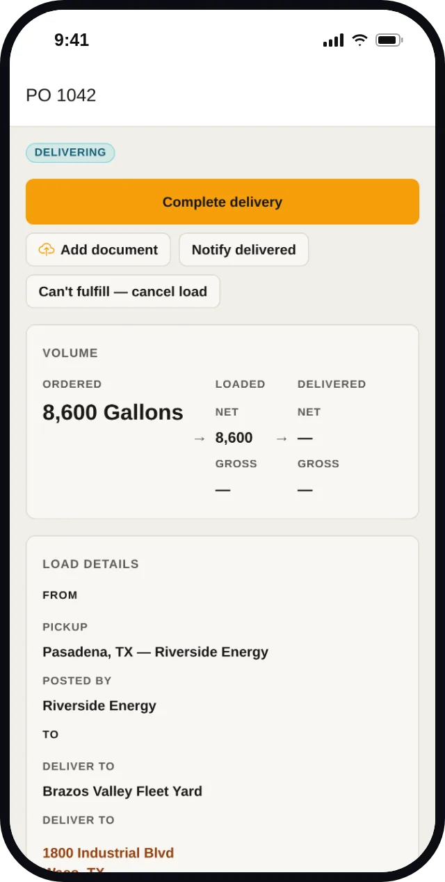 Energy Connect app haul detail: a load in Delivering status with Complete delivery, Add document and Notify delivered actions, then its ordered, loaded and delivered volumes