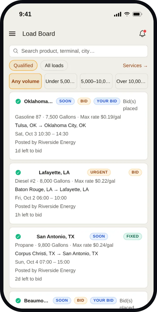 Energy Connect app Load Board: open loads with product, gallons, max rate, lane and delivery window, one tap to bid